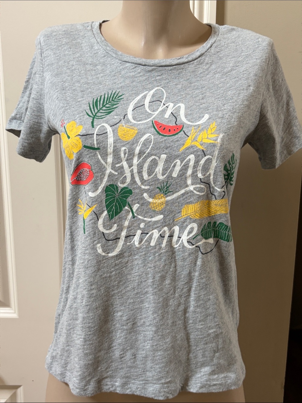 J. Crew Collectors Tee Gray 'On Island Time' Graphic with Tropical Prints, med